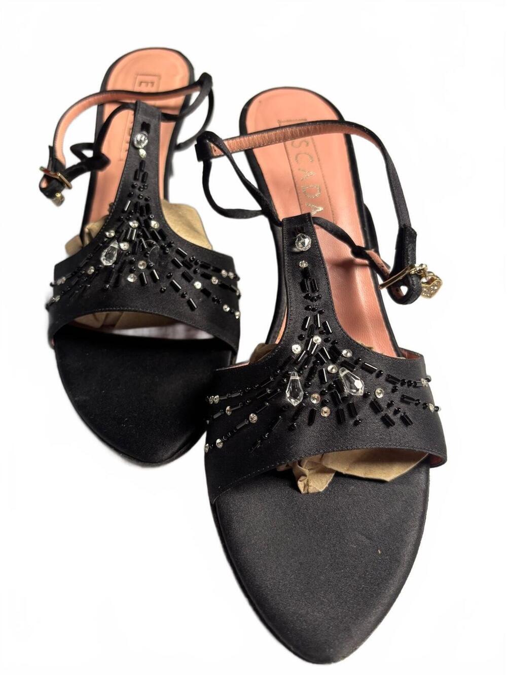 Escada Black Satin Embellished Open Toe Sandals